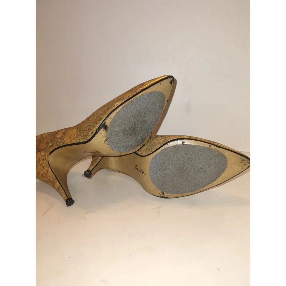 Española Cork Stiletto Pumps Gold Metal Detail Made in Spain Tan Heels Size 5-6